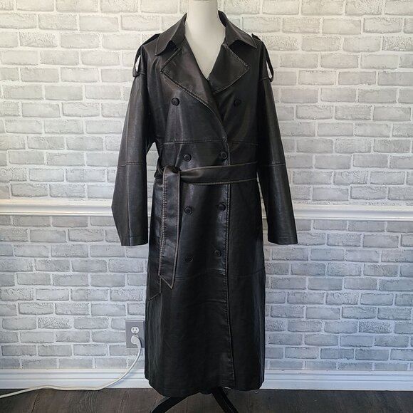 Topshop Black Faux Leather Trench Coat Womens 12 Classic Quiet Luxury Old Money - Picture 10 of 10